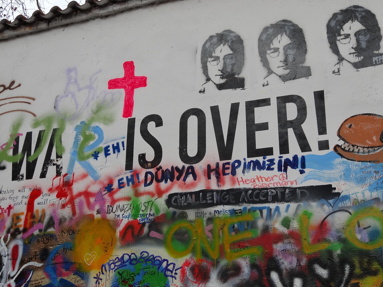 czech, republic, europe, landmark, war, john, lennon, prague, street art, wall art, war is over, message, gray art, gray wall, gray war